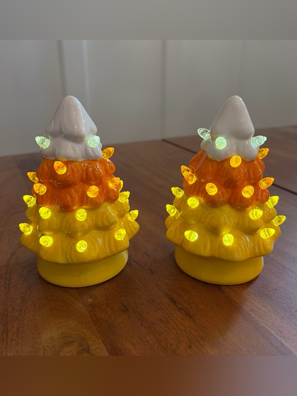 Mr. Christmas Set of 2 Lighted 5.5” Ceramic Candy Corn Halloween Trees w/ Timer